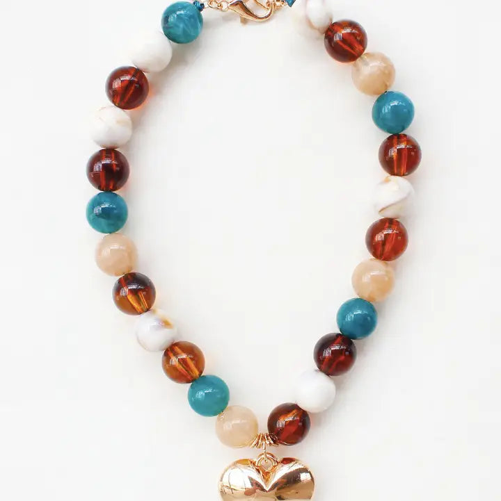 Dark Multi Large Acrylic Beaded with Gold Heart Charm 16"-18" Necklace