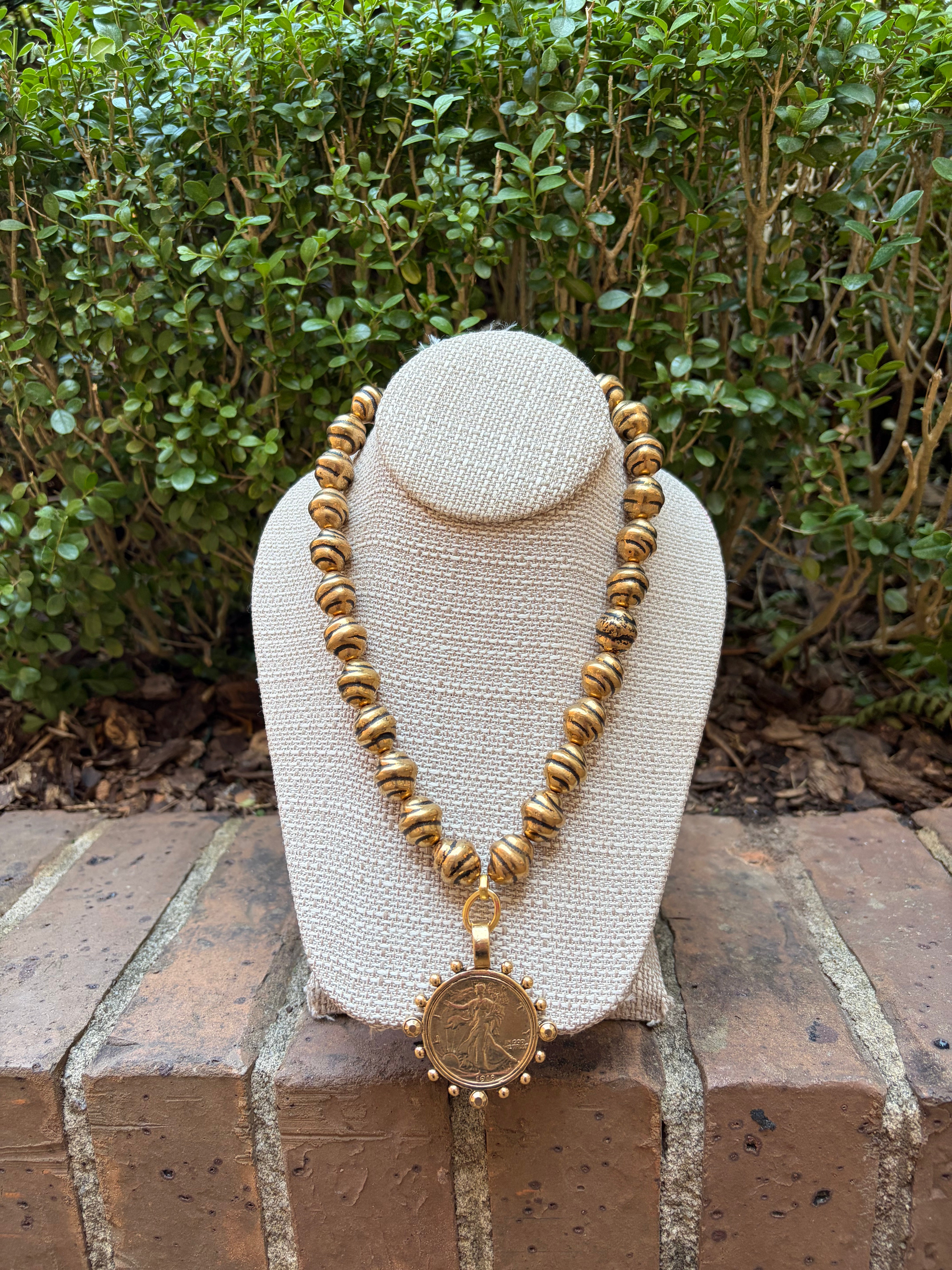 Gold and Black Stripe Coin Necklace