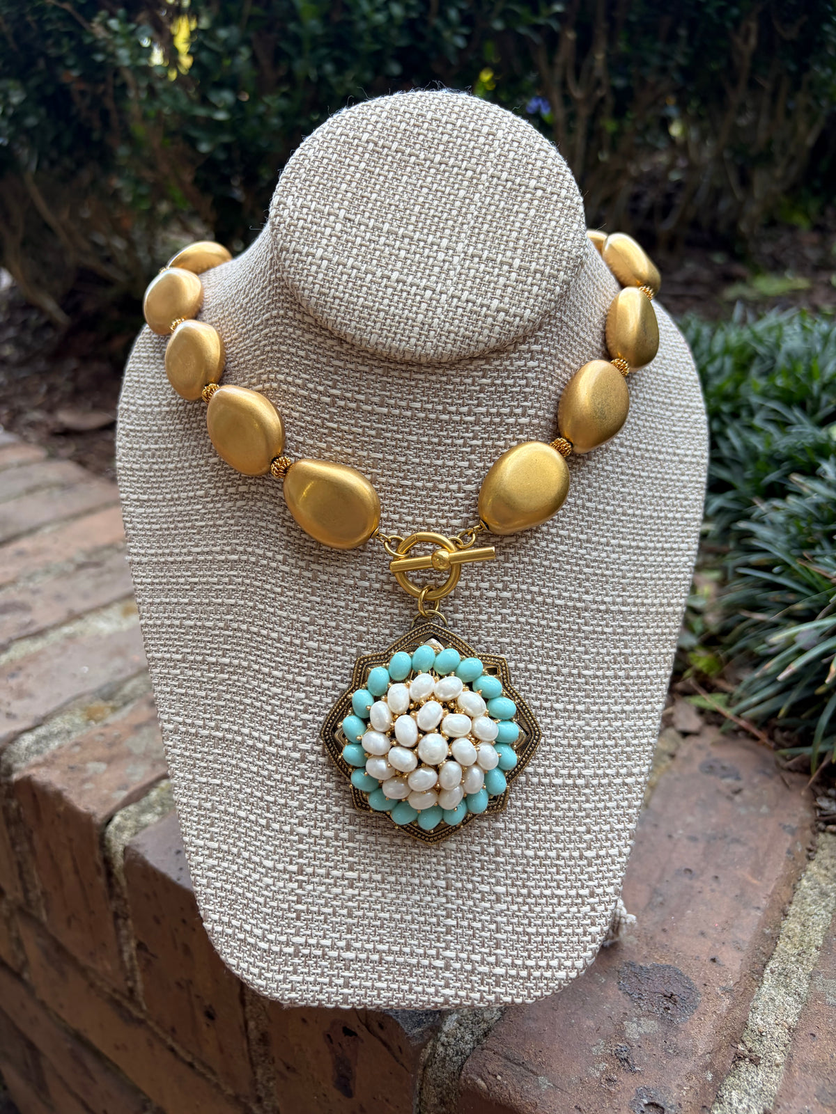 Vintage Gold Pleated Necklace with Vintage Trifari Brooch