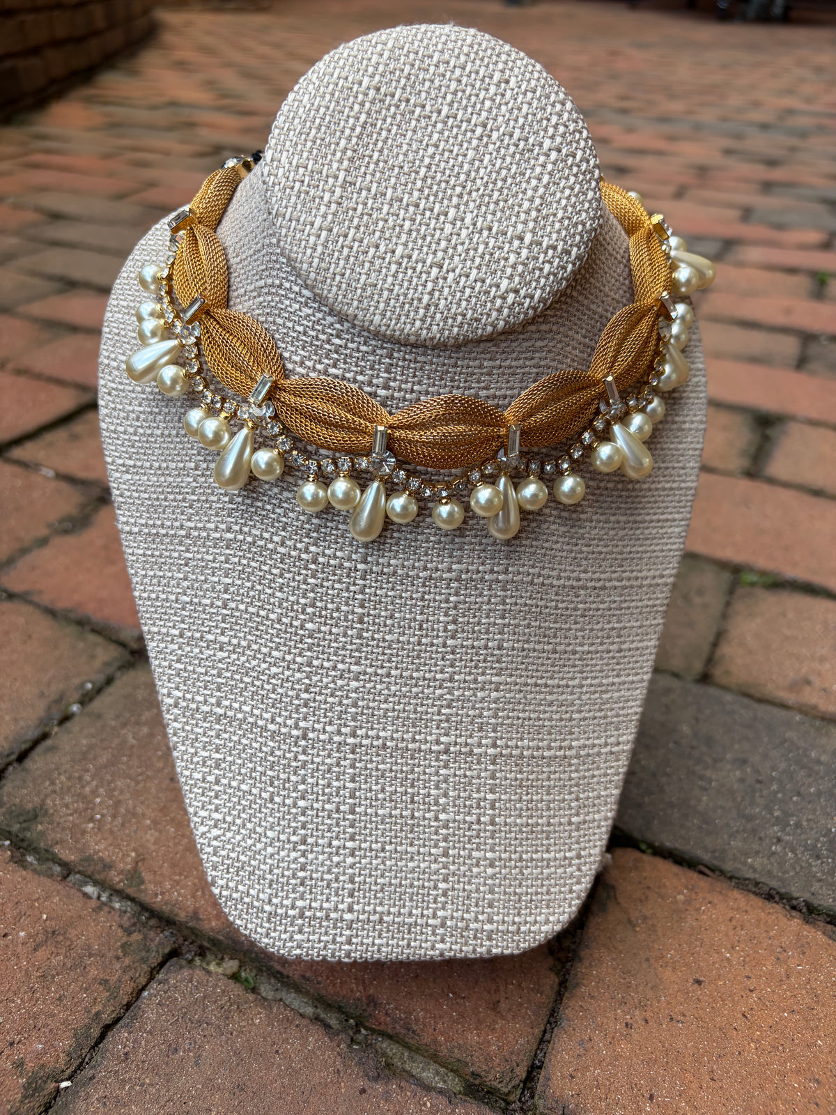 1940s Gold Pleated Rhinestone and Faux Pearl Necklace