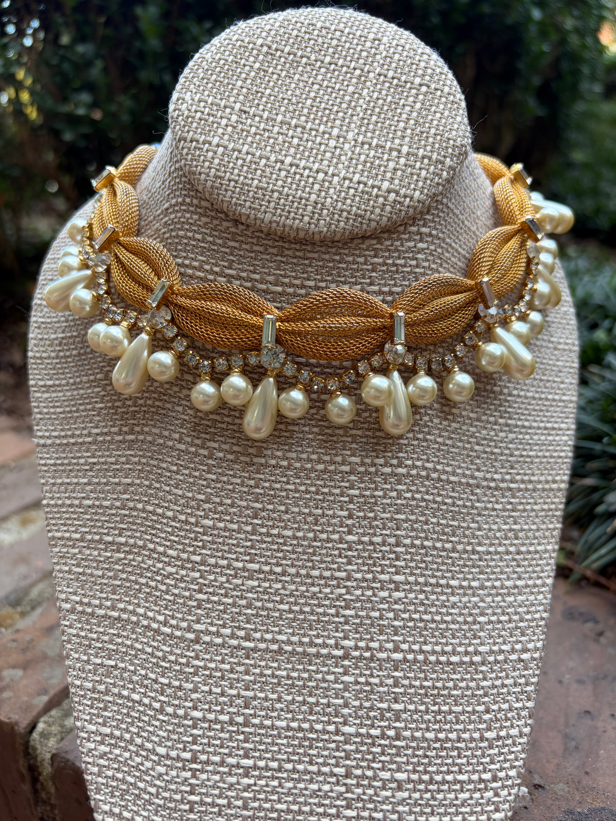 1940s Gold Pleated Rhinestone and Faux Pearl Necklace