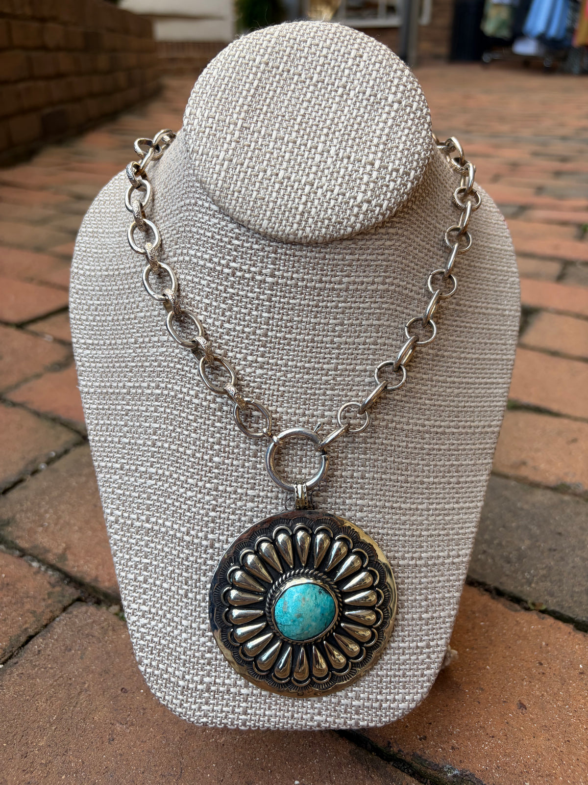 Vintage Chain with Sterling Pleated and Turquoise Pendant