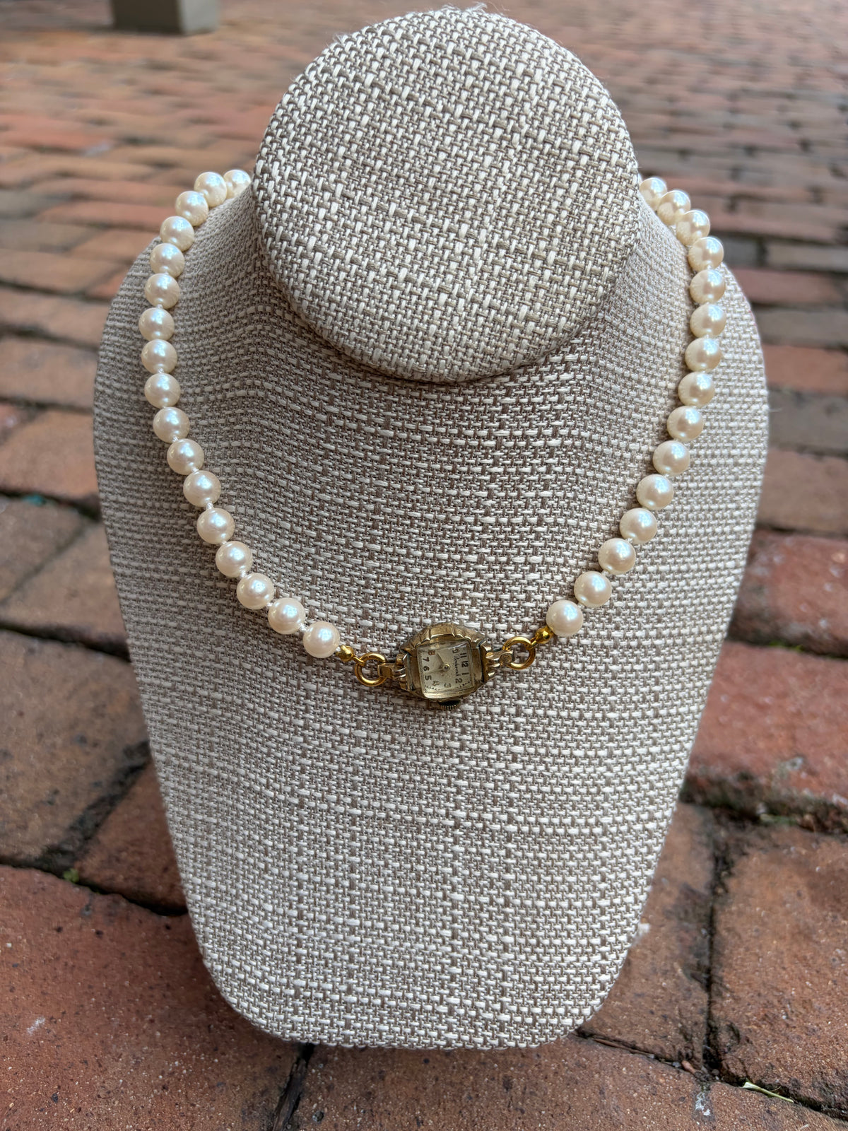 Vintage Faux Pearl Necklace with Antique Watch Pendant