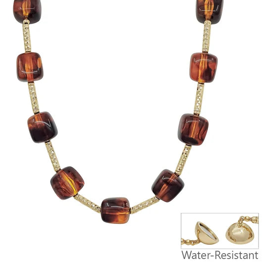 Water Resistant 16mm Brown Beaded and Gold Bar 16"-18" Necklace