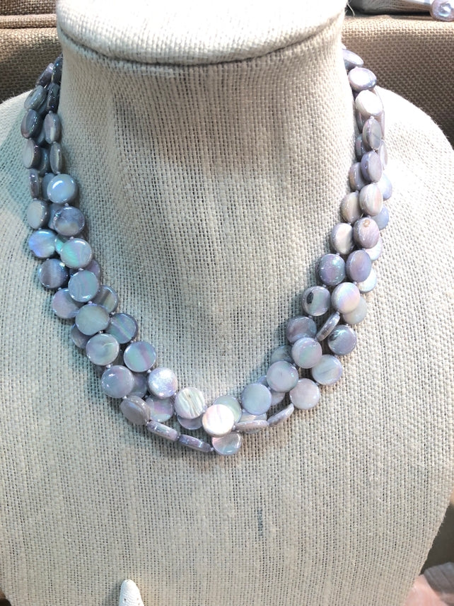 3 Strand Mother of Pearl Necklace - 2 Colors One Size Grey