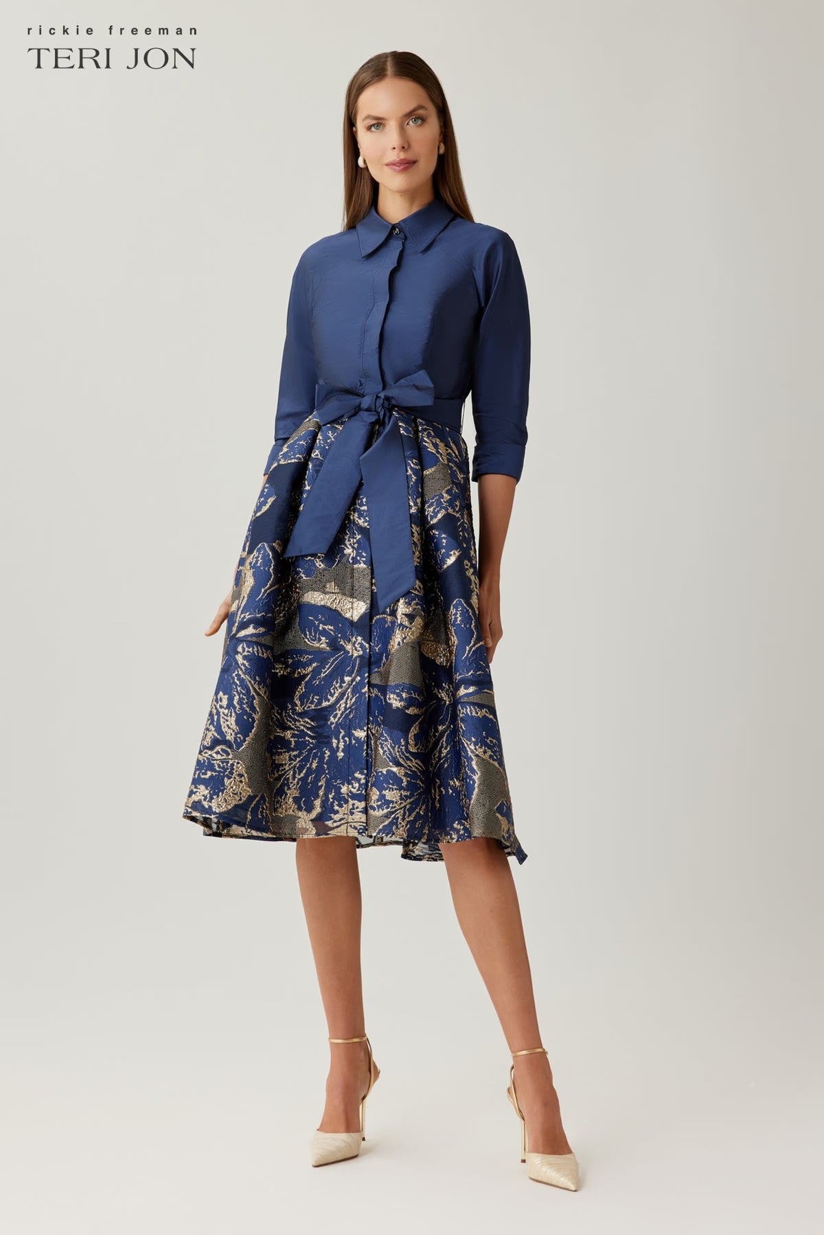 Taffeta Jacquard Metallic Floral Shirt Waist Dress