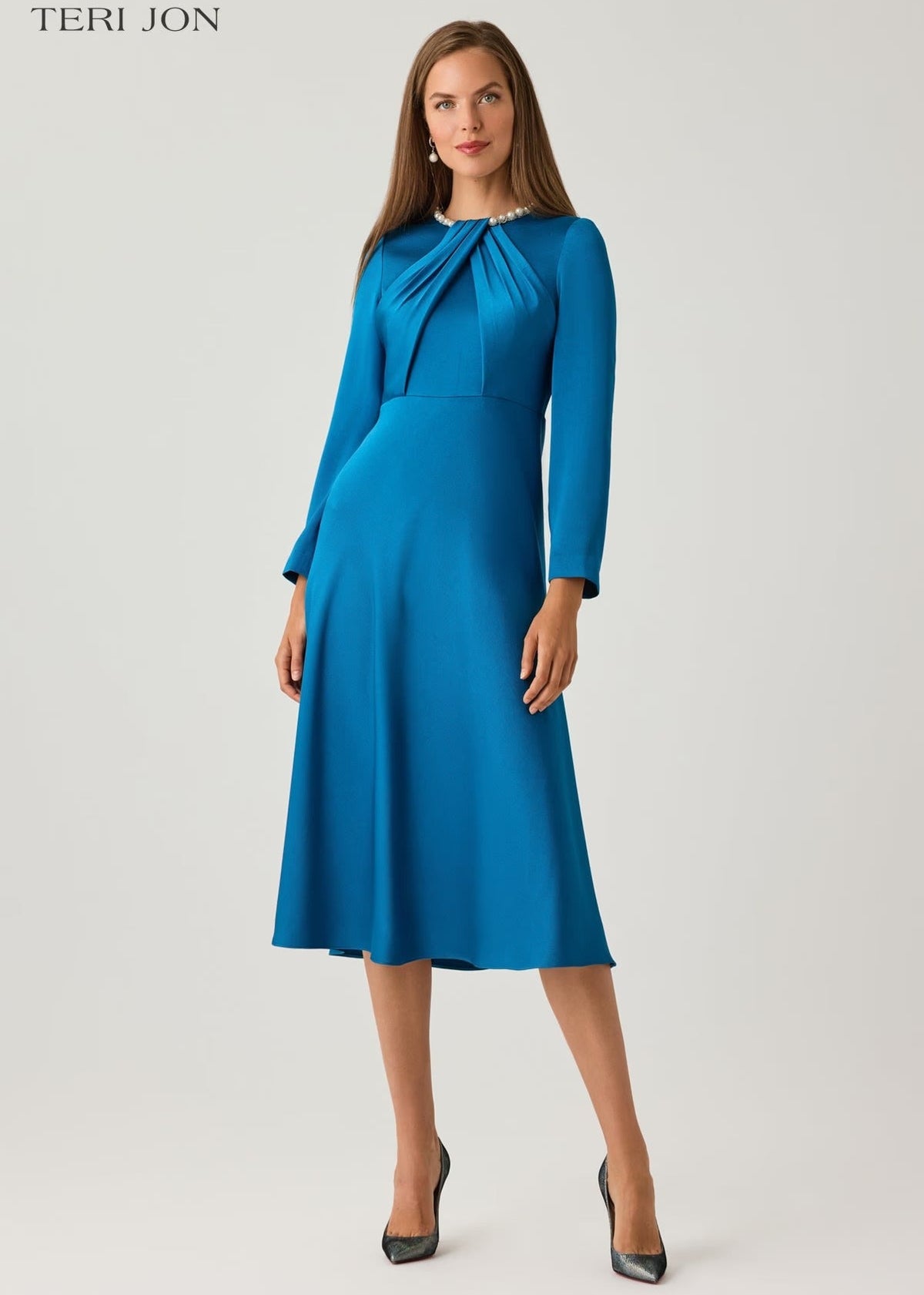 Satin Cocktail Dress with Pearl Collar and Draped Bodice