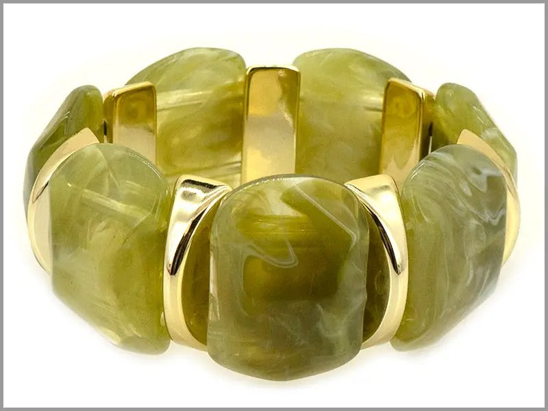 Olive Green Acrylic and Gold Bar Stretch Bracelet