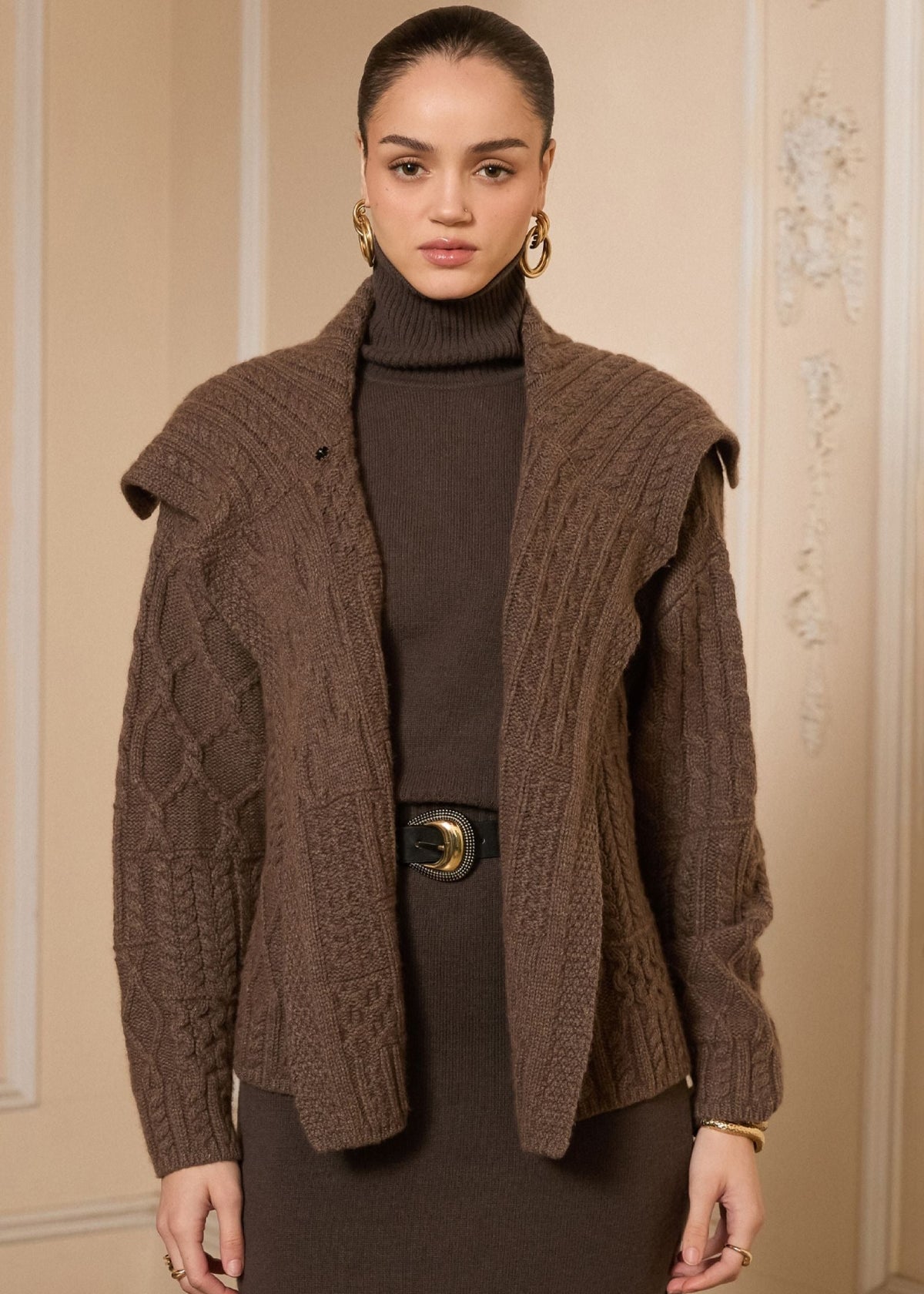 Collar Turtleneck Long Sleeve Cable Knit Sweater