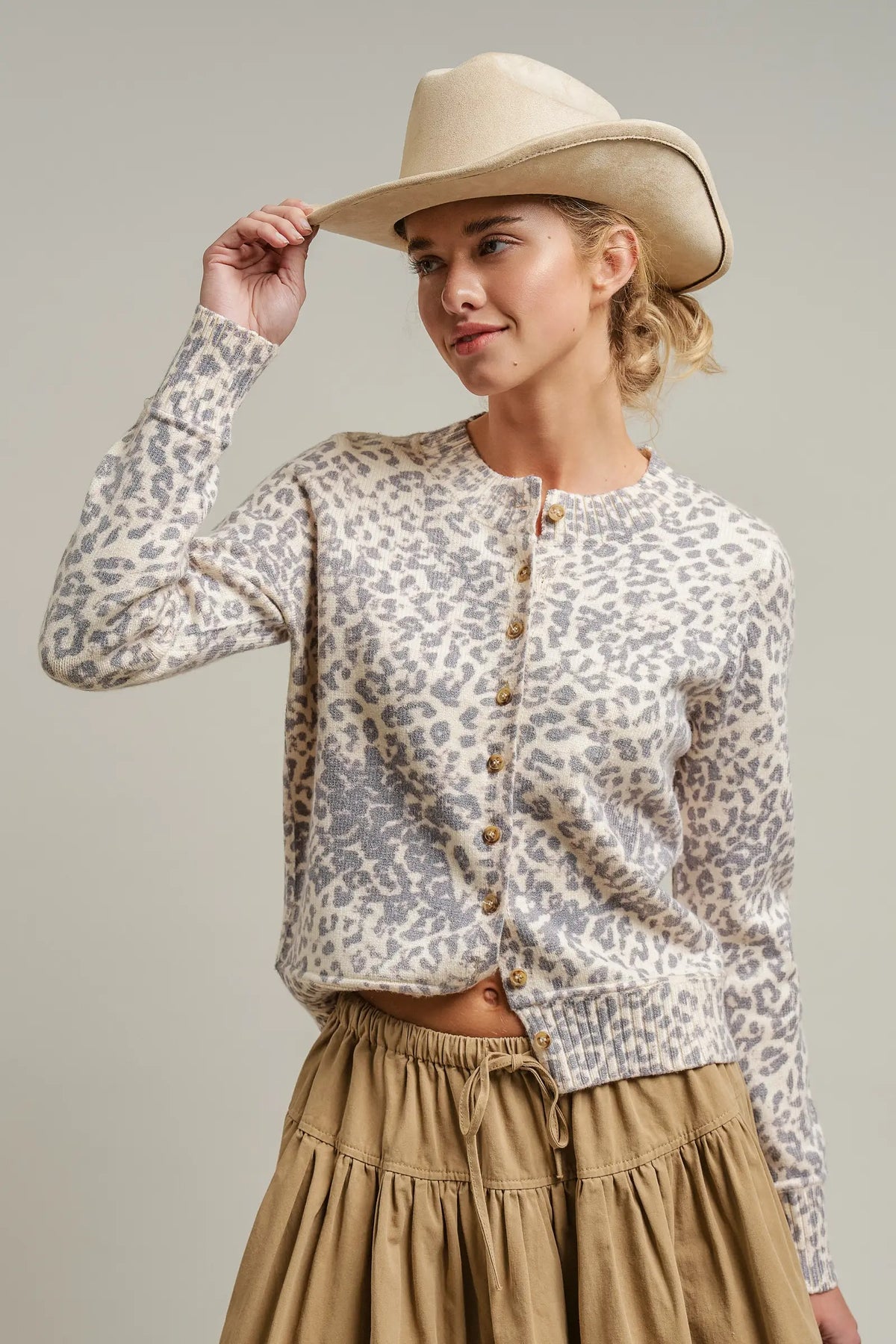 Leopard Print Knit Cardigan with Gold Buttons