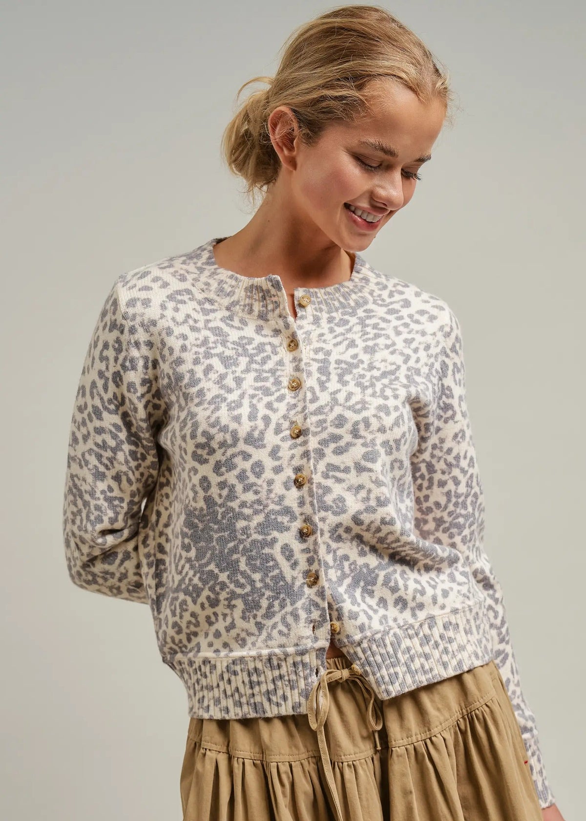 Leopard Print Knit Cardigan with Gold Buttons