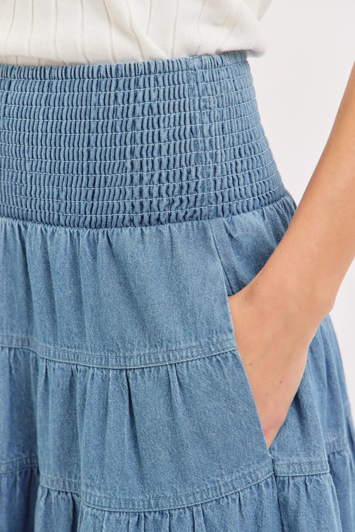 Smocked Waist Denim Skirt