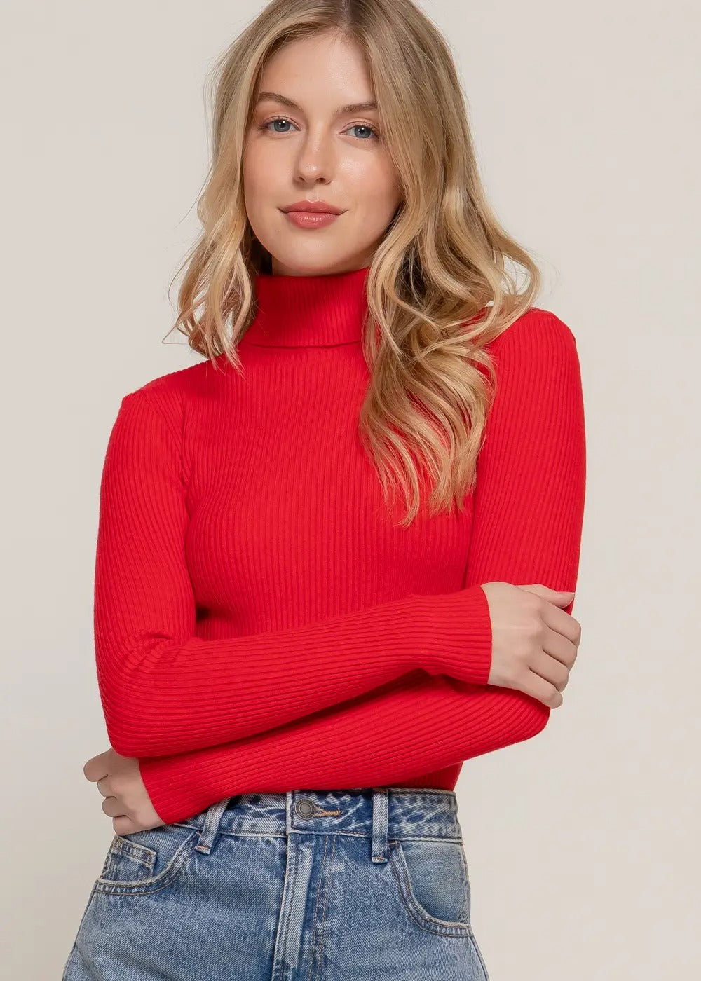 Long Sleeve Turtle Neck Fitted Viscose Rib Sweater Top