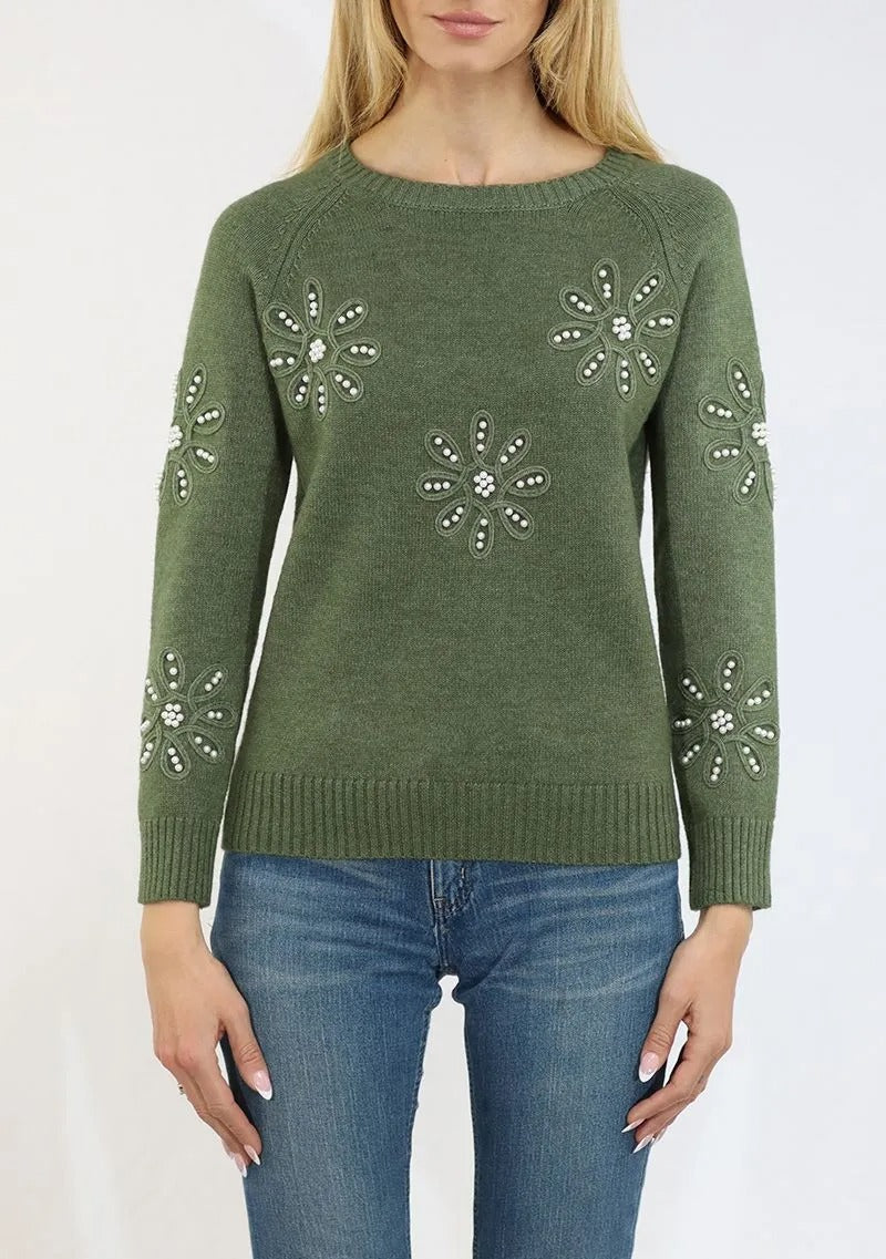 Pearl Embroidered Crew Sweater