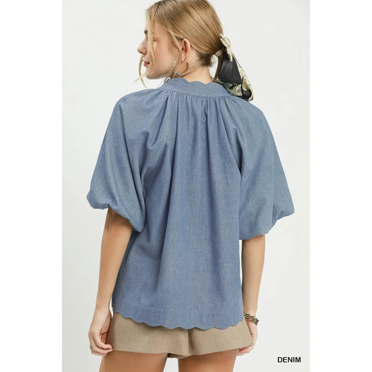 Chambray Scallop Hem Voluminous Puff Sleeve Top