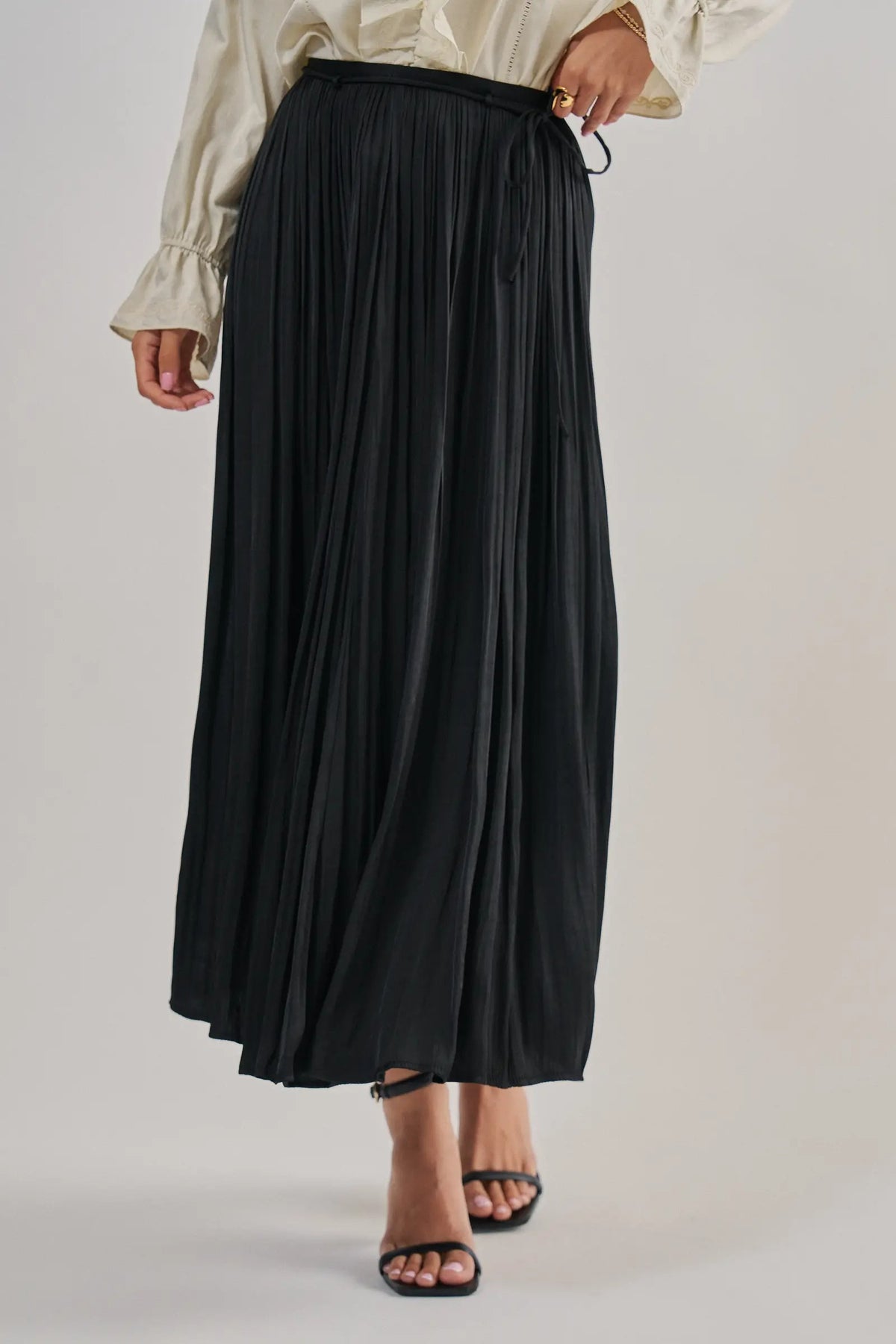 Washed Satin Crinkle Pleated Maxi Skirt