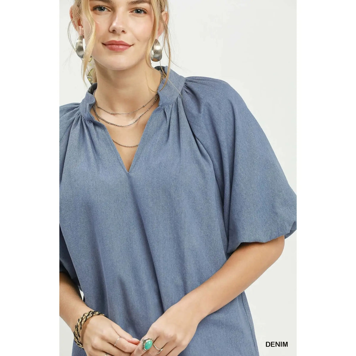 Chambray Scallop Hem Voluminous Puff Sleeve Top