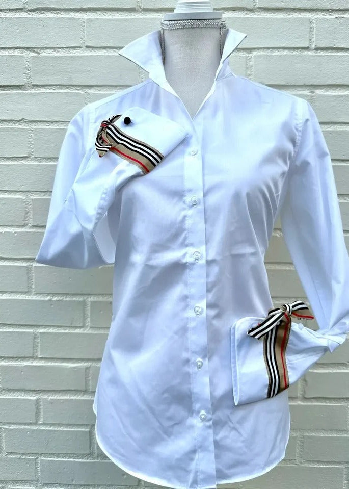 White Ribbon French Cuff w Brown/Black/Red/White Stripe Ribbon