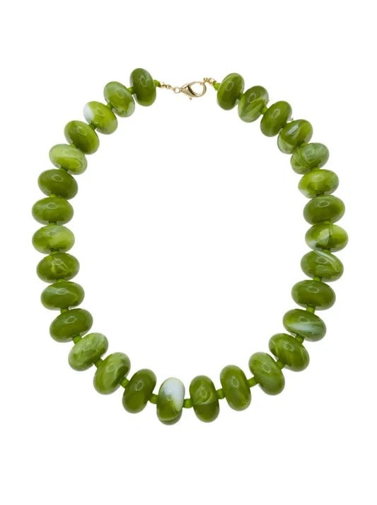 Olive Green Acrylic Large Beaded Ova; 16"-18" Necklace