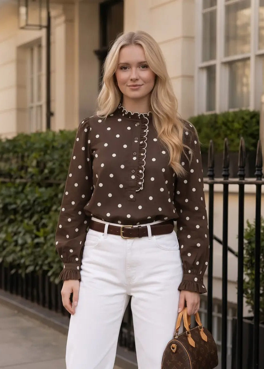 Polka Dot Scallop Ruffled Accent Detailing Blouse