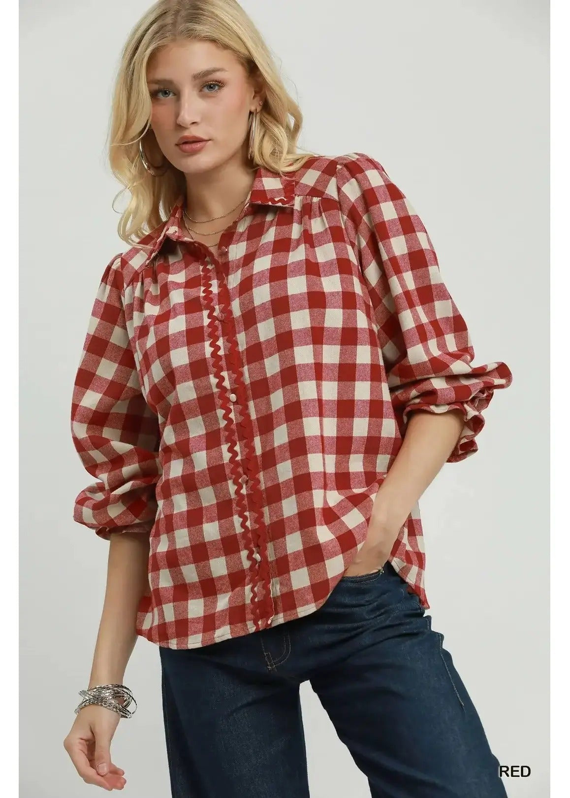 Gingham Ruffle Trim Button-Up Blouse