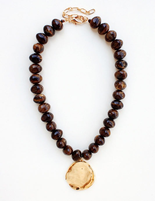 Chunky Beaded with Gold Hammered Coin Charm 16"-18" Necklace