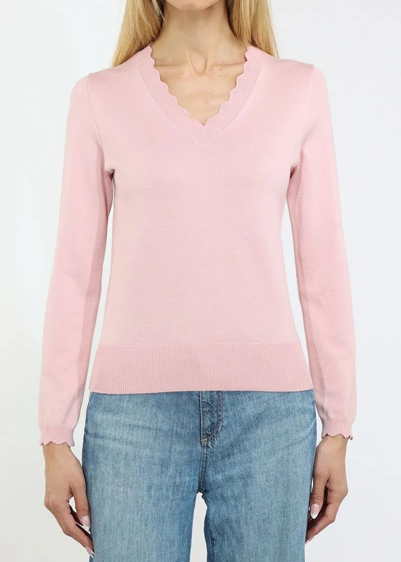 V-neck Long Sleeve Pullover with Scallop Edge Trims