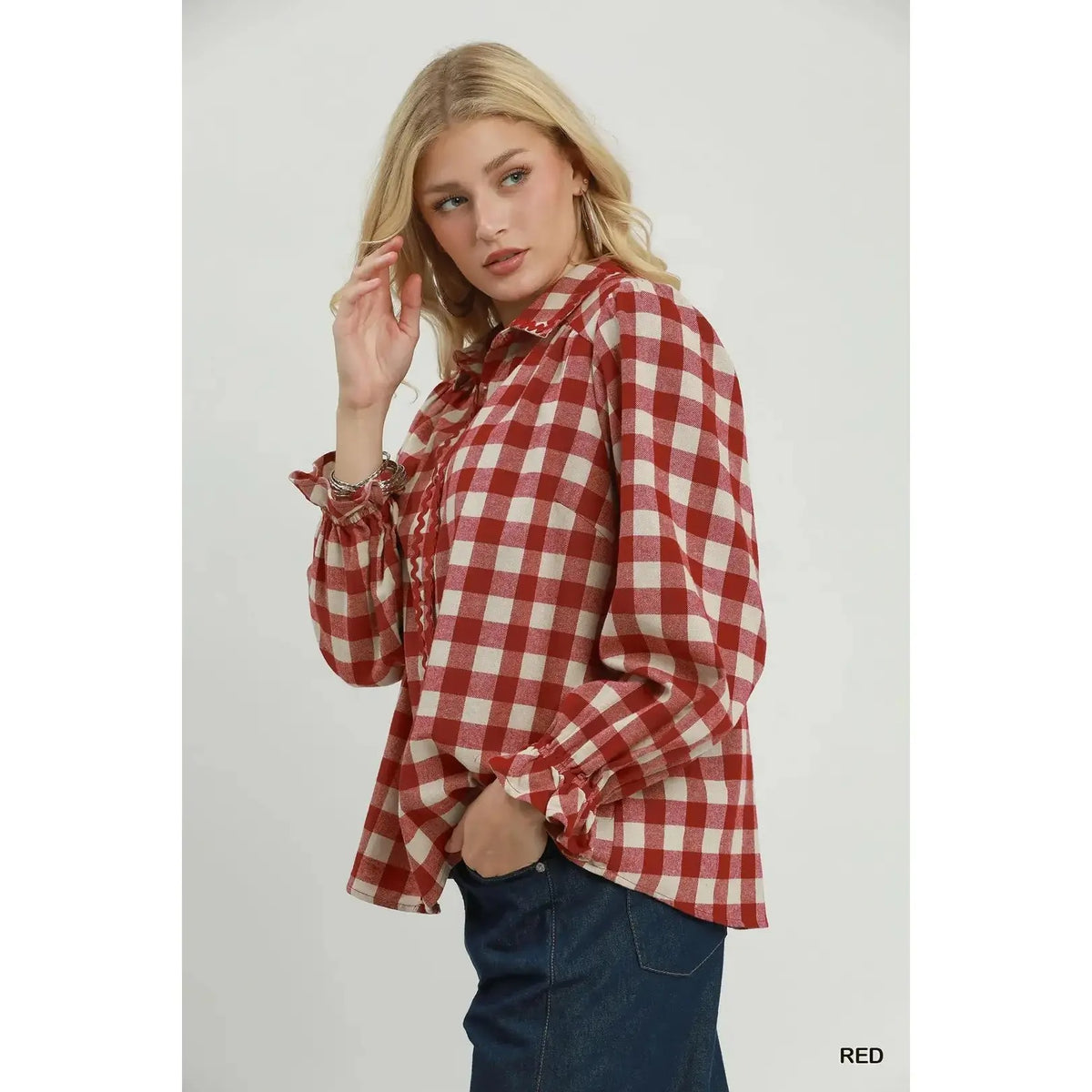 Gingham Ruffle Trim Button-Up Blouse