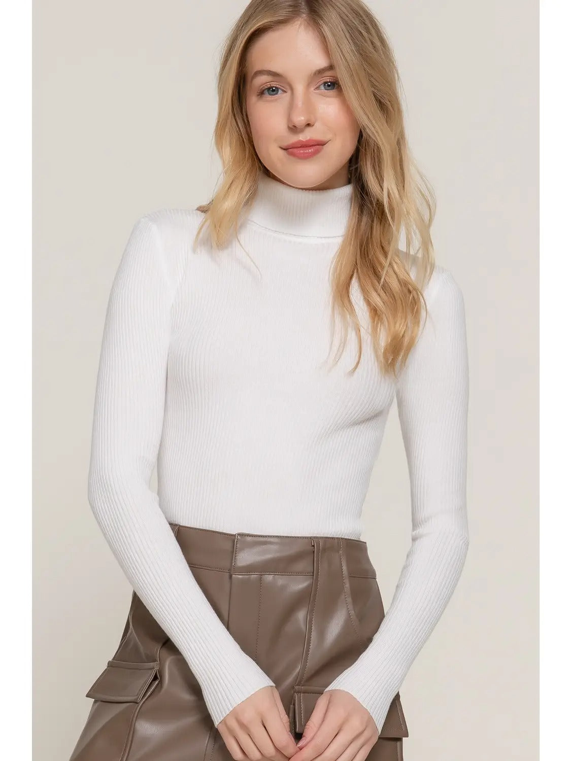 Long Sleeve Turtle Neck Fitted Viscose Rib Sweater Top