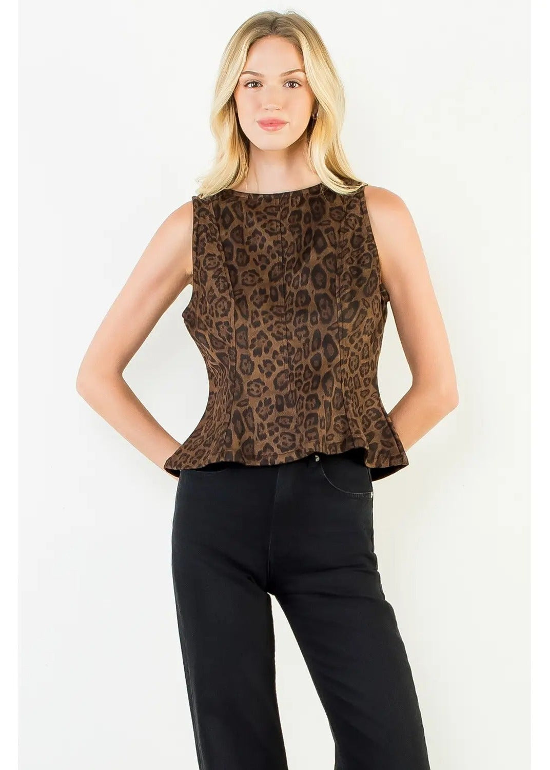 Sleeveless Leopard Print Suede Top
