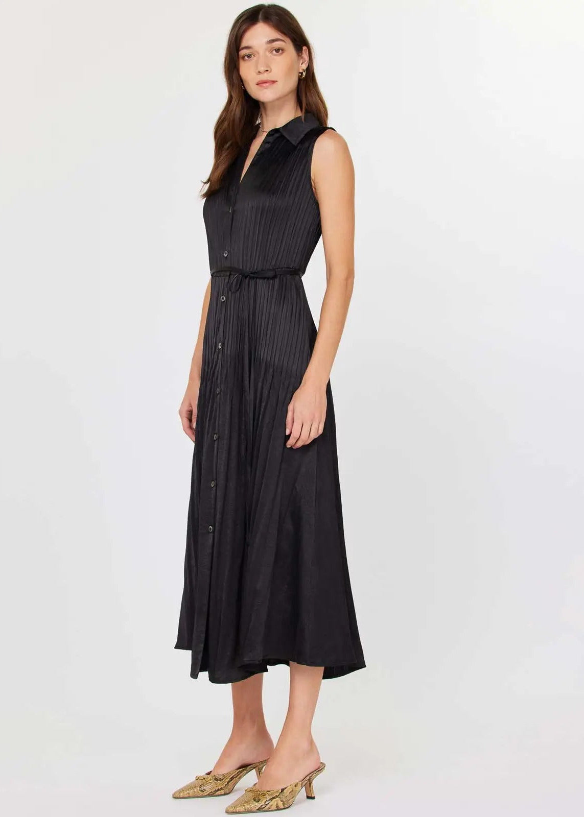 Sleeveless Button Down Pleated Shirts Dress