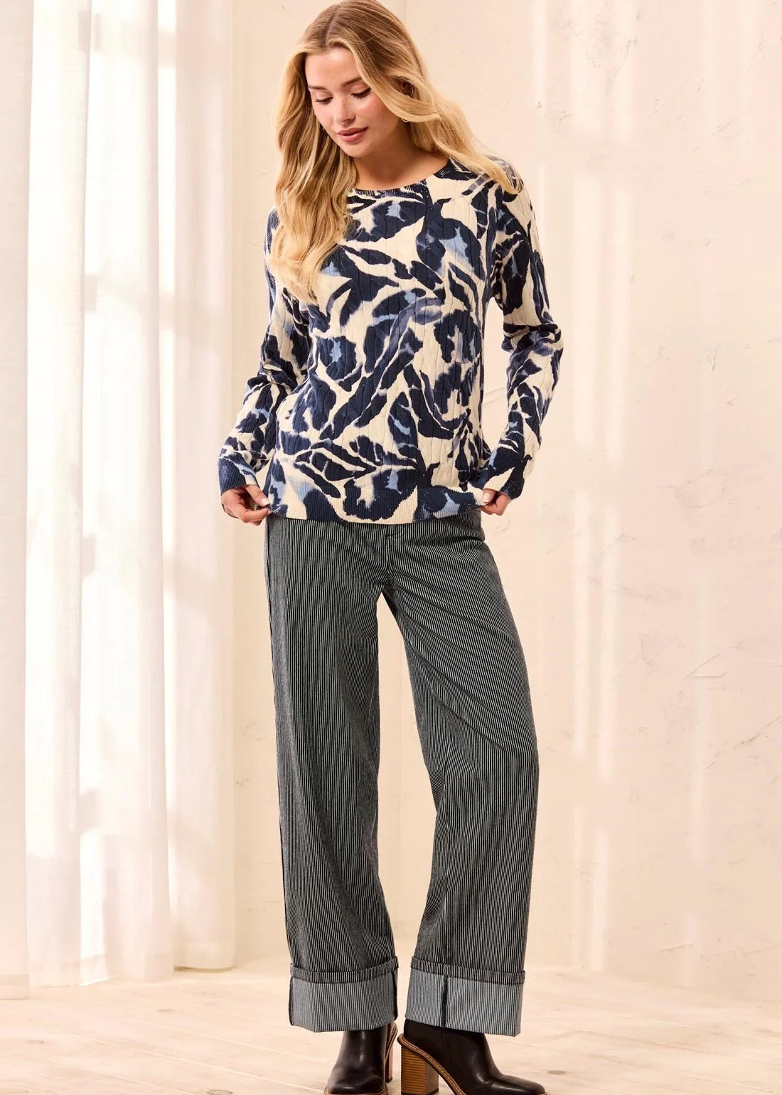 Printed Cable Cotton Crew Neck Sweater
