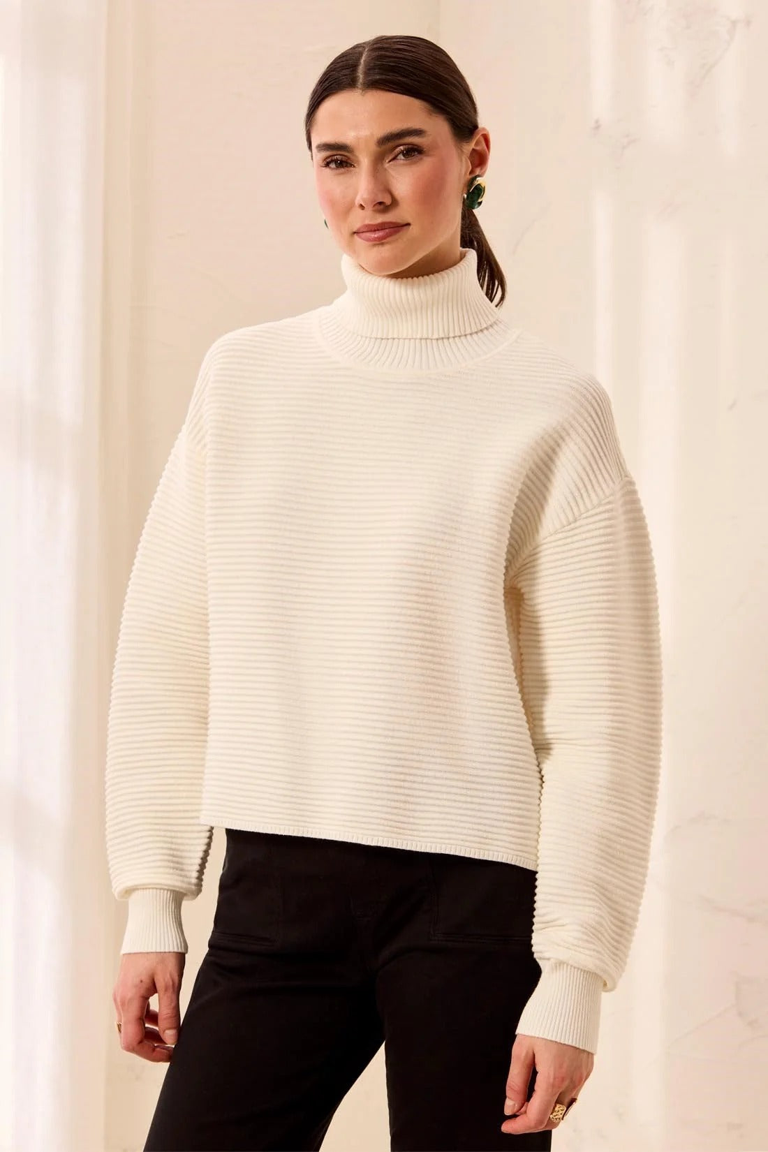 Textured Rib Mock Neck Drop Shoulder High-Low Sweater With Side Slits