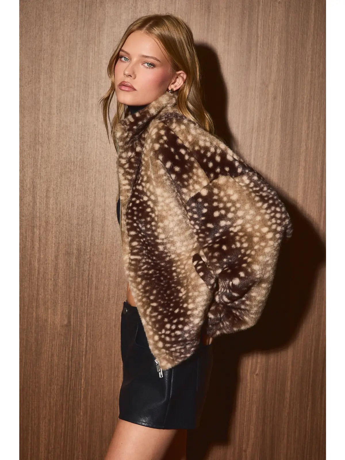 Faux Fur Deer Print Zip Jacket