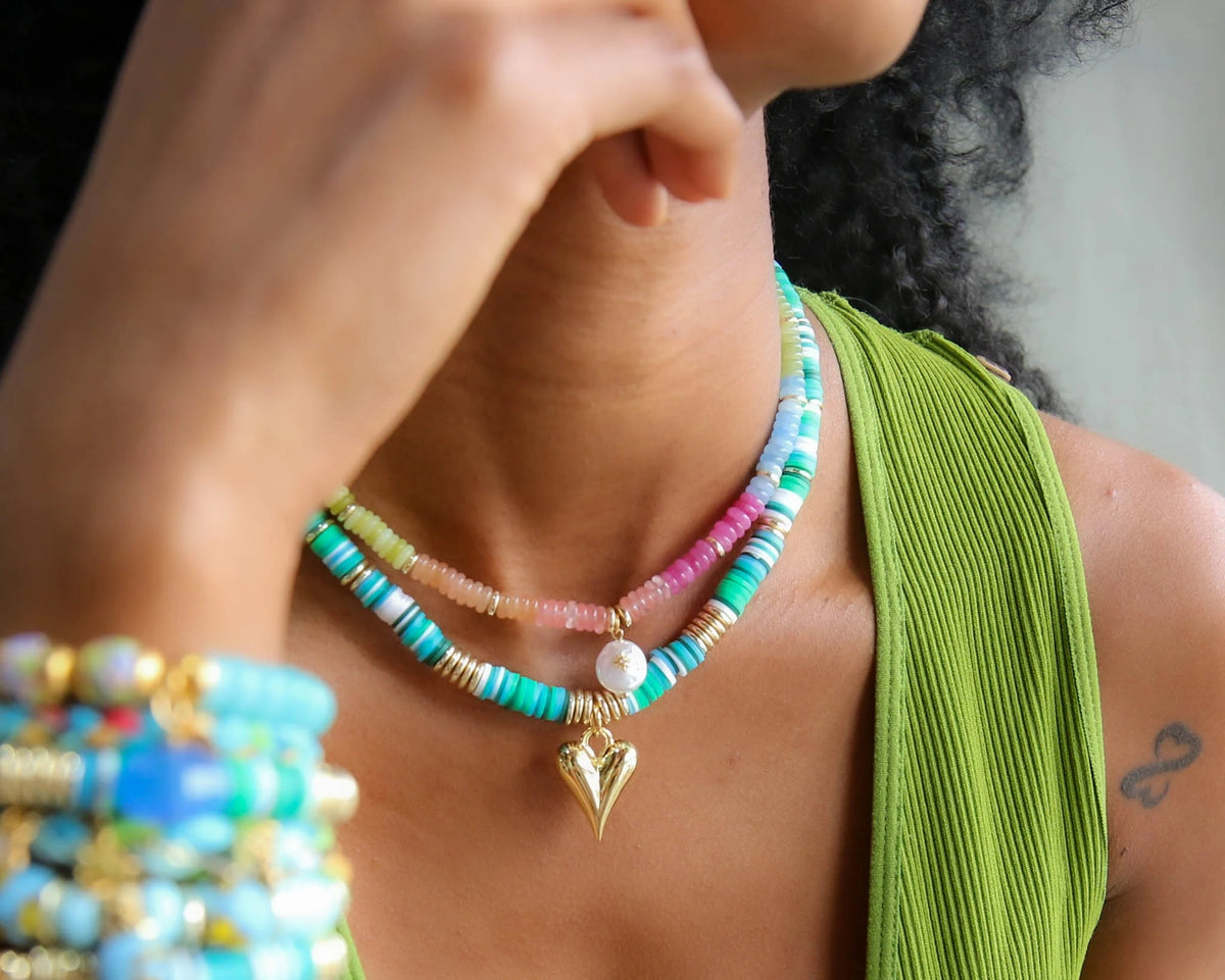 Melon Short Necklace in Greens w/ Heart