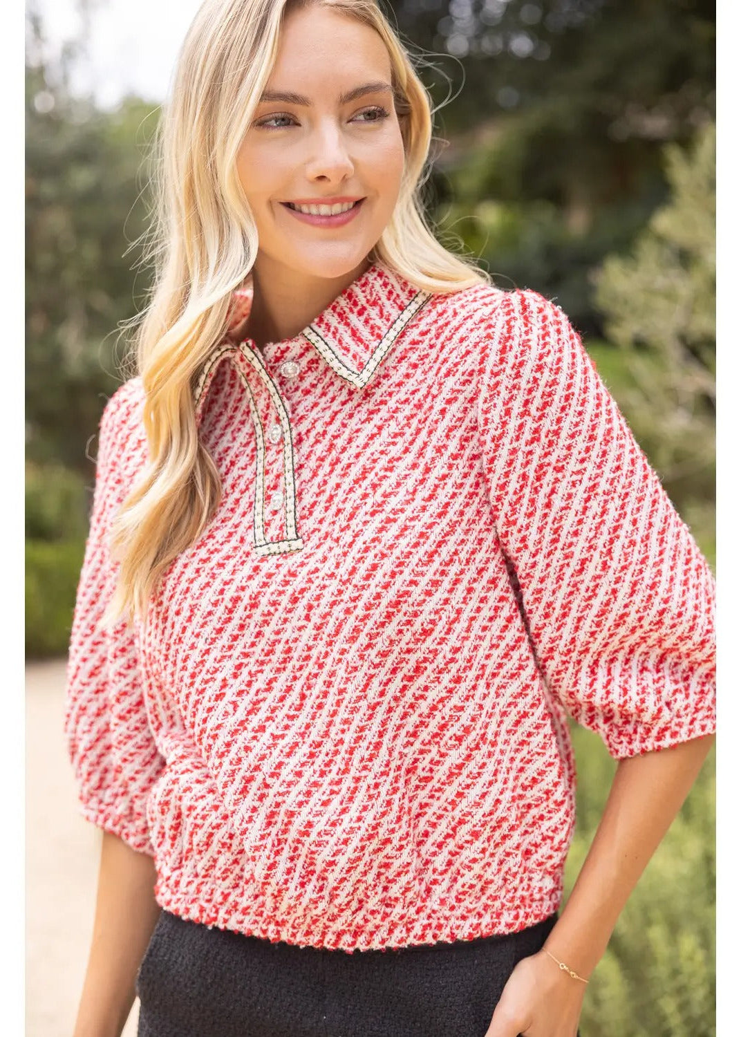 Pearl Quarter Button Collared Tweed Top