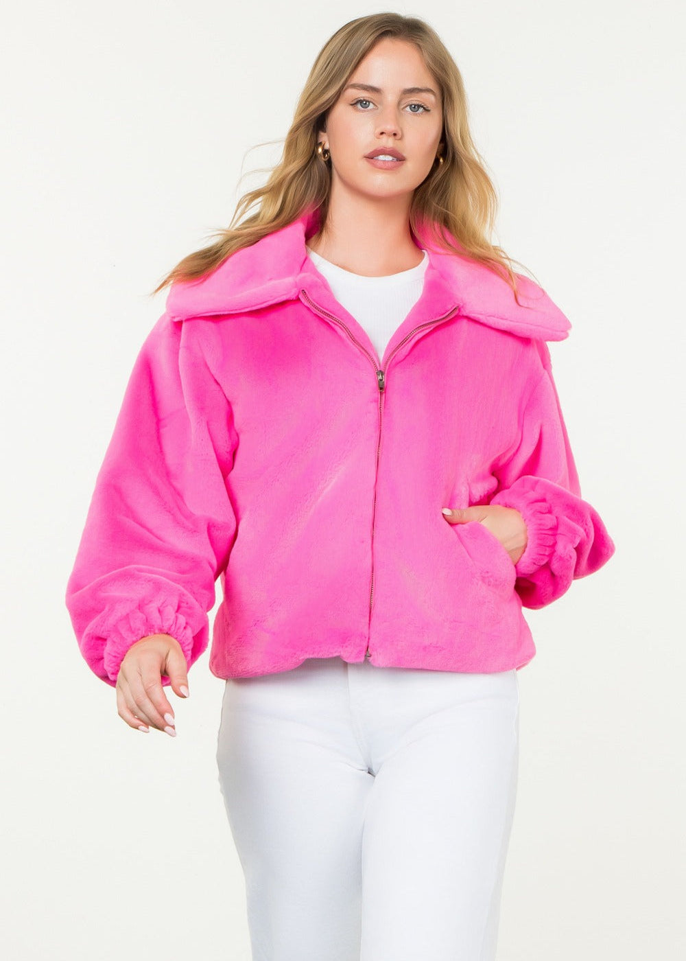 Faux Fur Zip Up Wide Collar Jacket