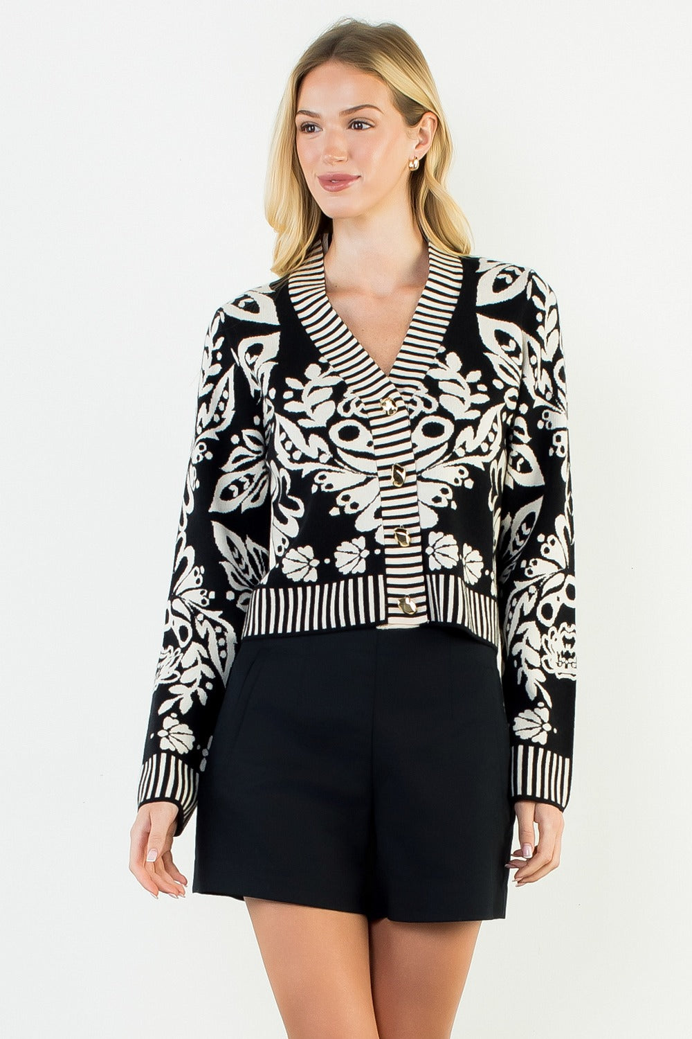 Floral V-Neck Cardigan with Gold Buttons