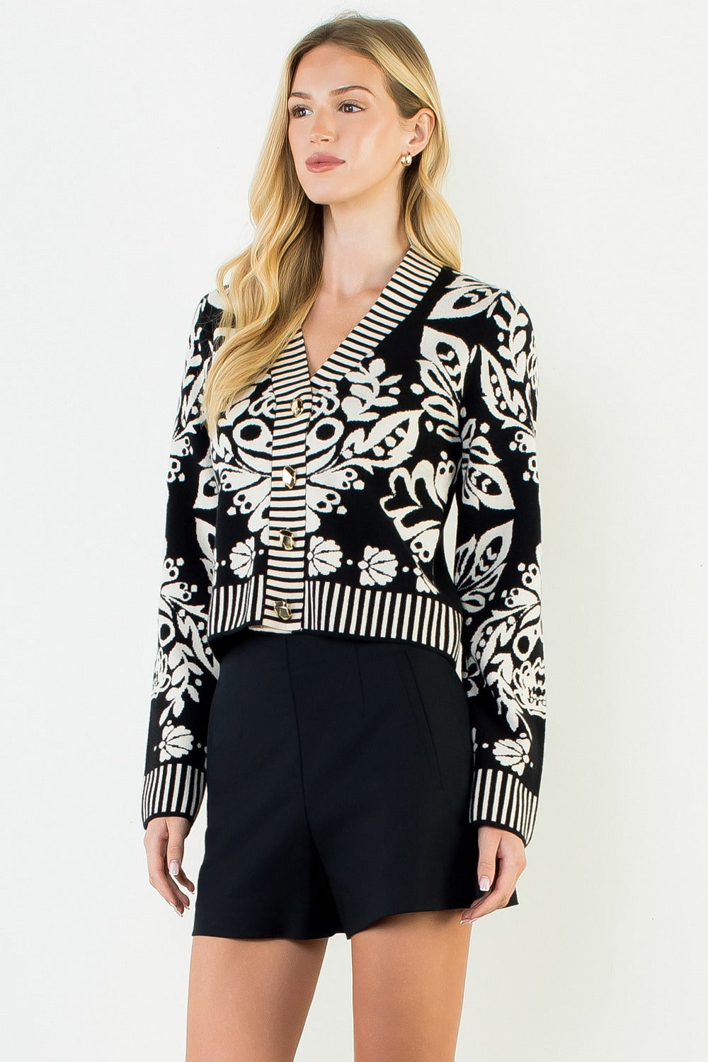 Floral V-Neck Cardigan with Gold Buttons