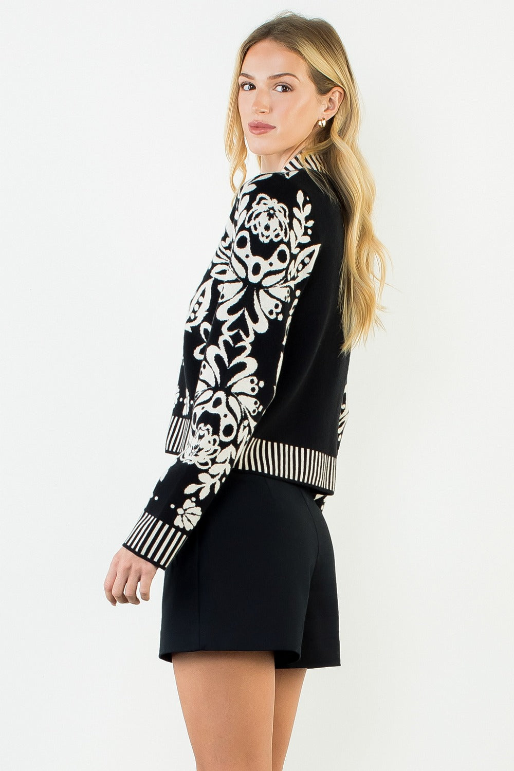 Floral V-Neck Cardigan with Gold Buttons