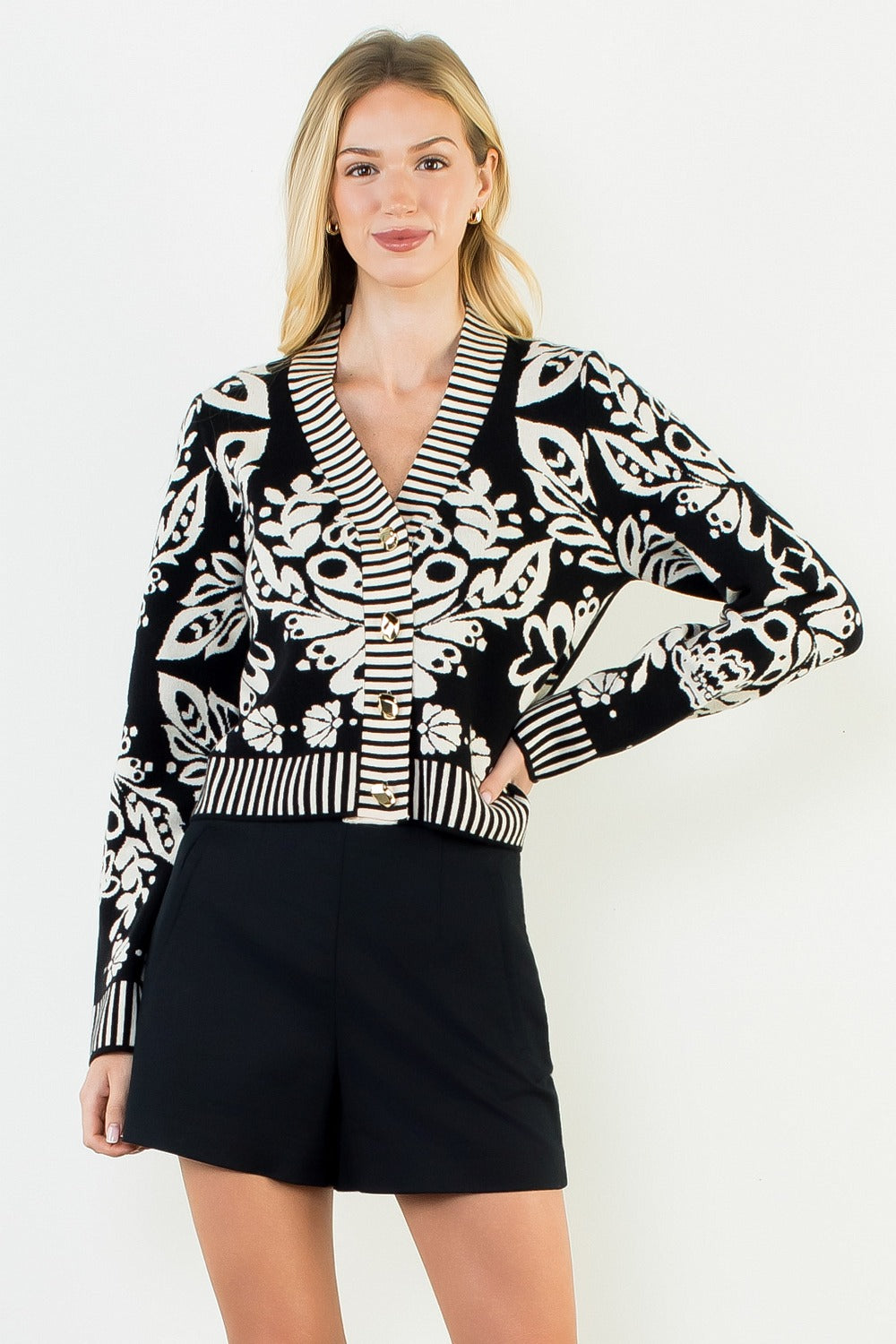 Floral V-Neck Cardigan with Gold Buttons