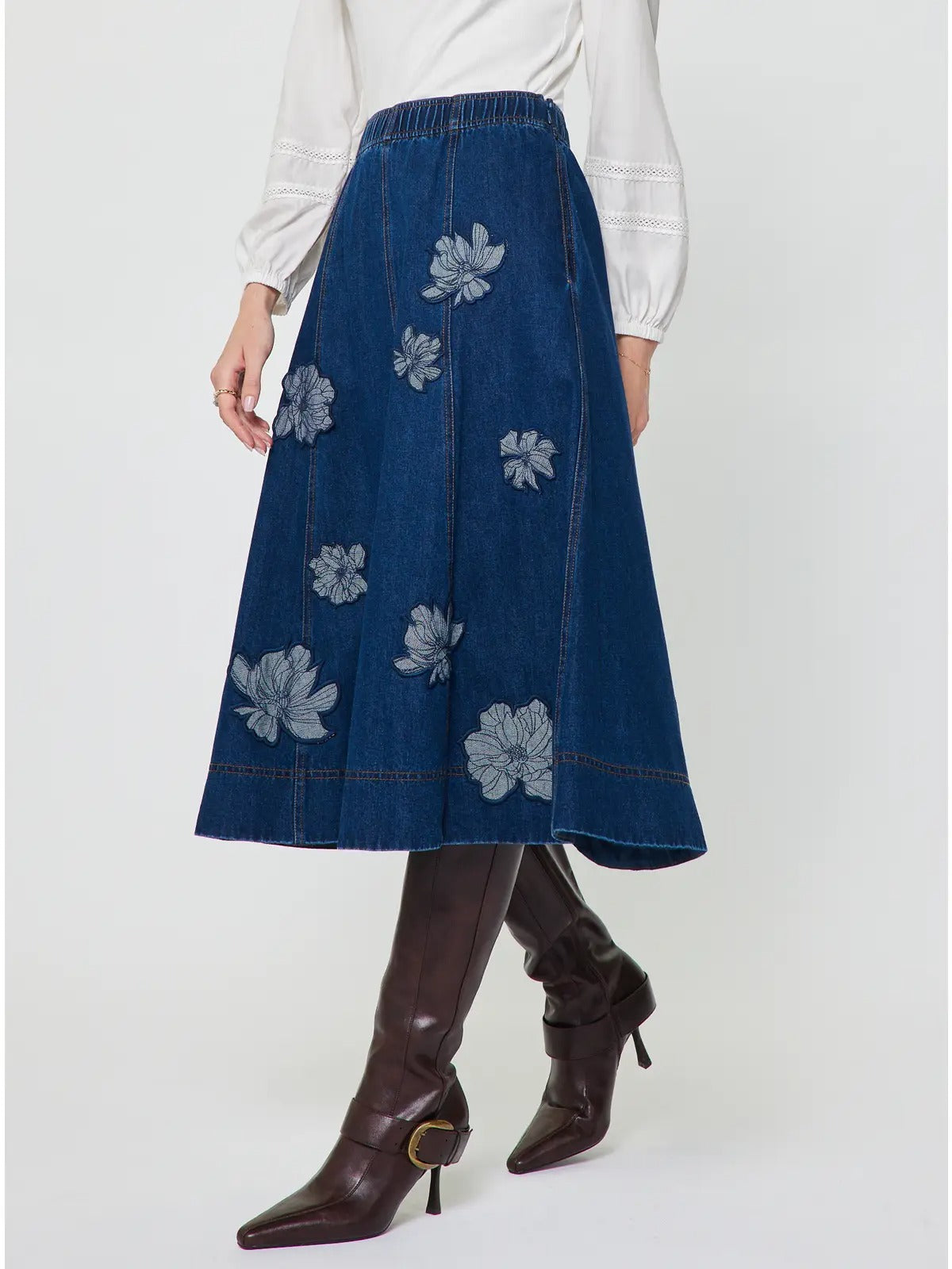Floral Embroidery Patch Denim Midi Skirt