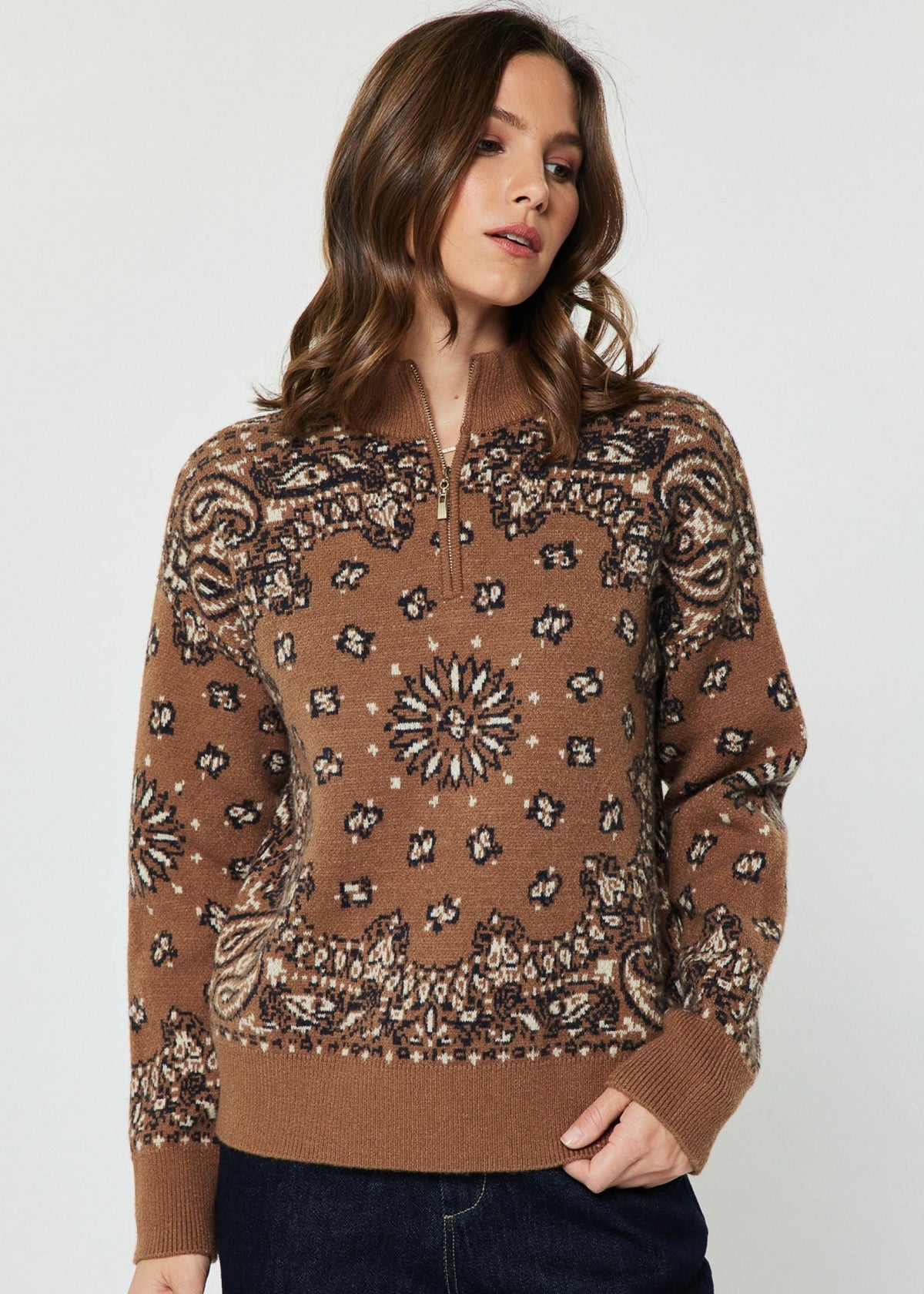 Pattern Jacquard Half Zip Up Long Sleeve Sweater
