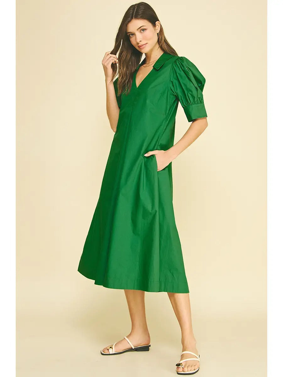V-Neck Pleated A-Line Dress