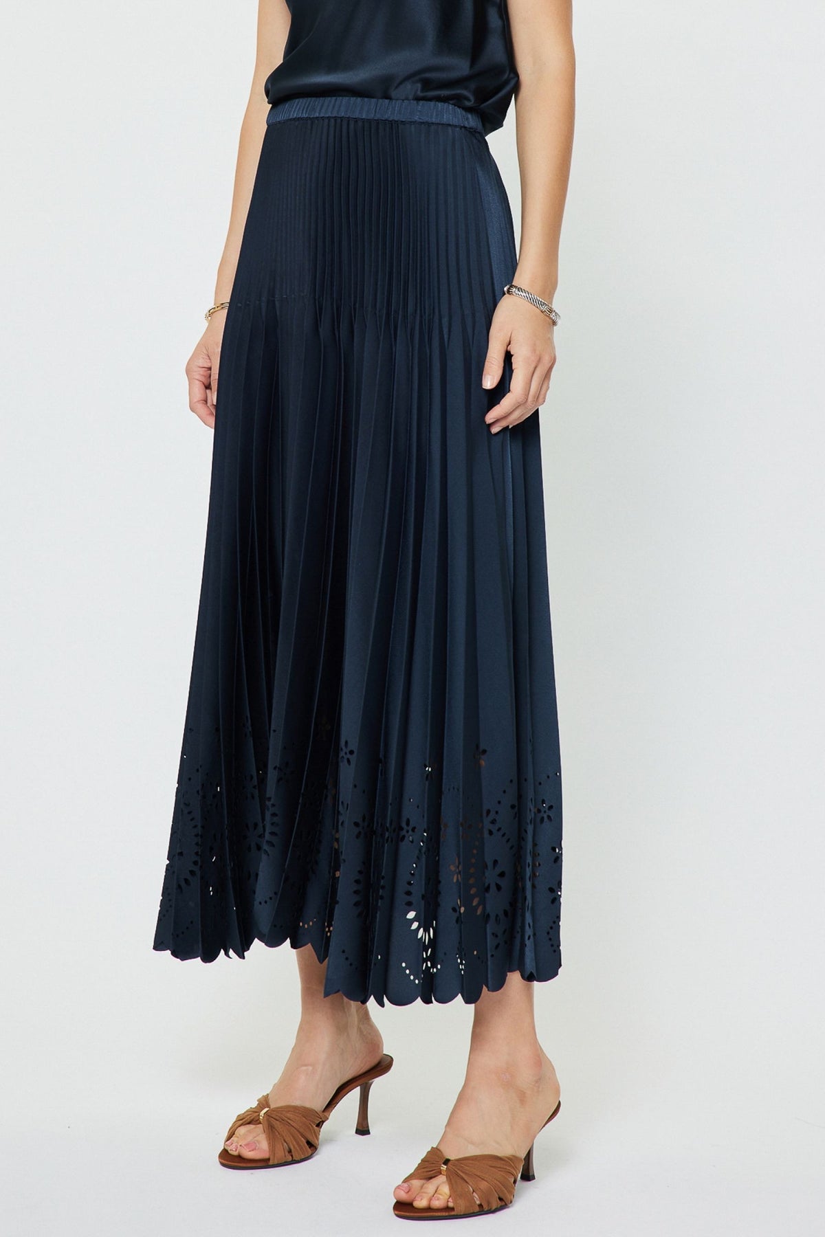 Elasticized Waist Laser Cut Pleated Midi Skirt