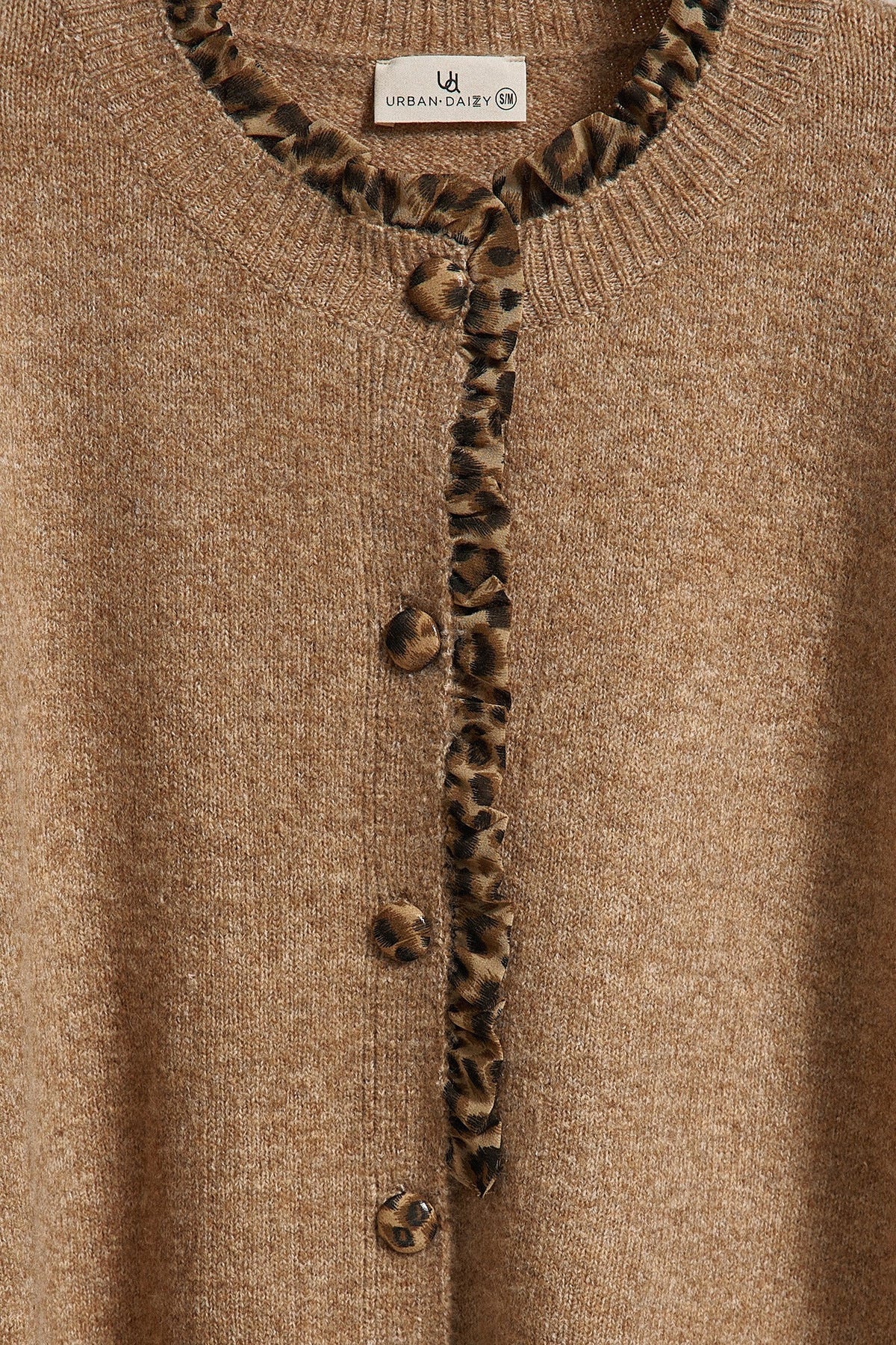Leopard Ruffle Trim Knit Cardigan