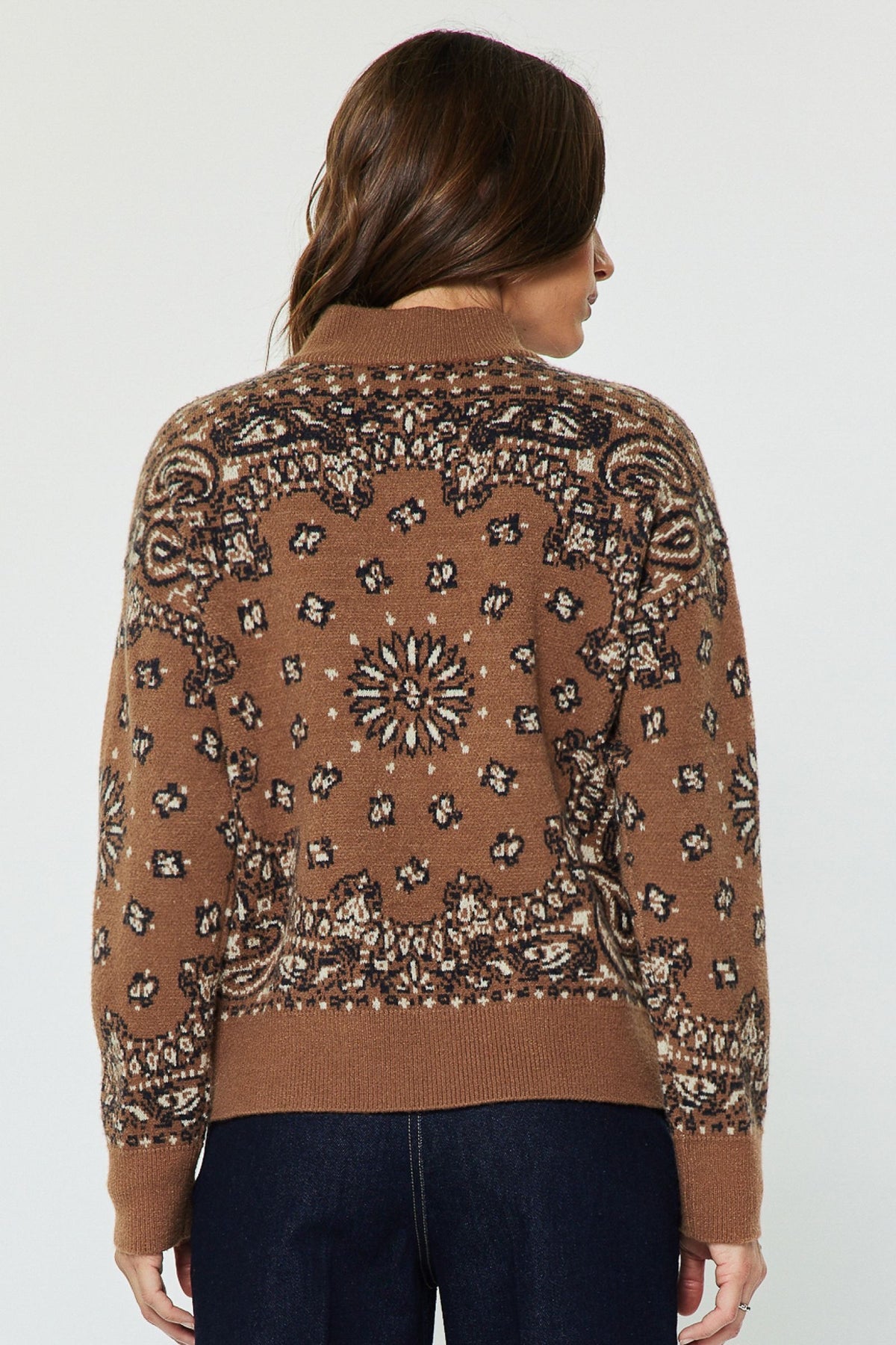 Pattern Jacquard Half Zip Up Long Sleeve Sweater