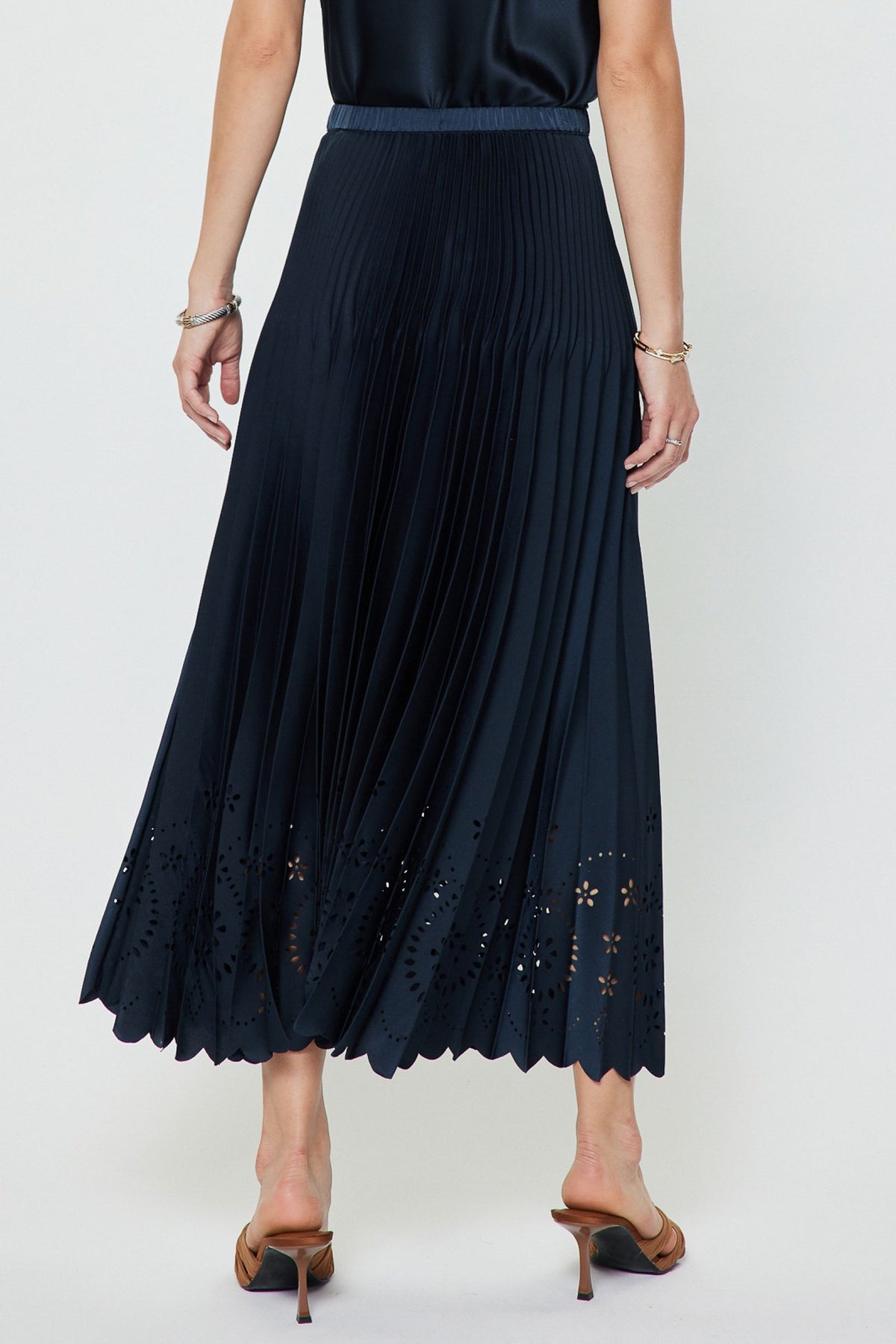 Elasticized Waist Laser Cut Pleated Midi Skirt