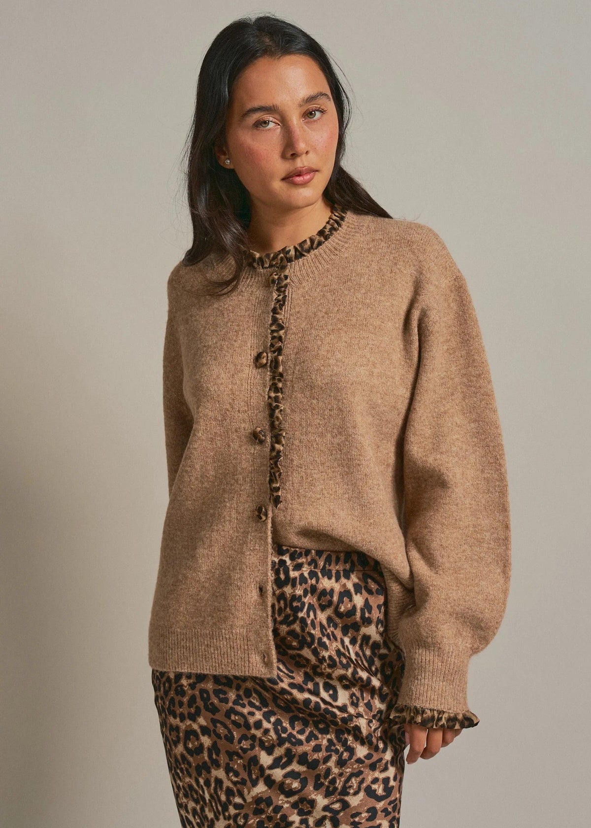 Leopard Ruffle Trim Knit Cardigan