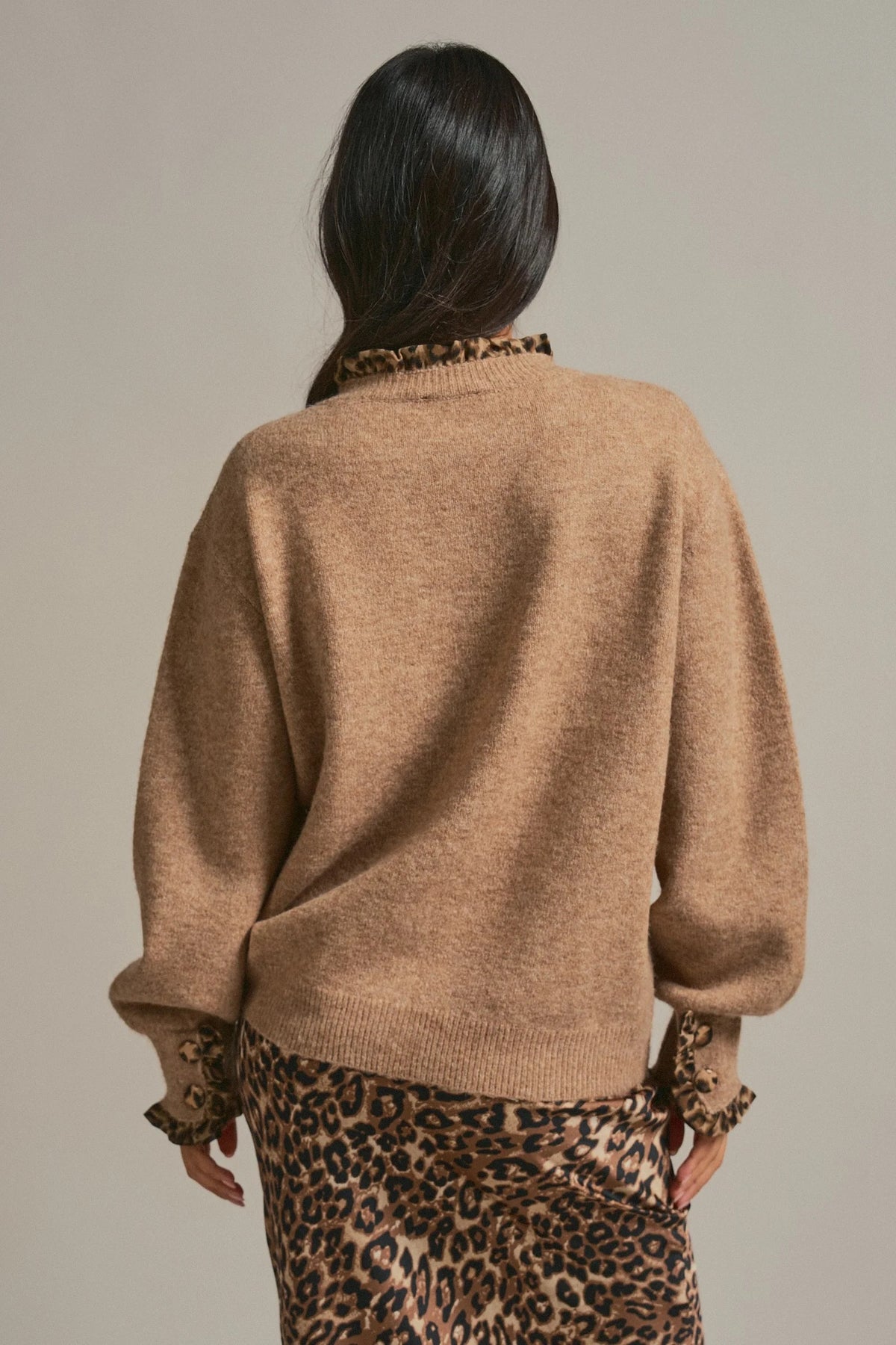 Leopard Ruffle Trim Knit Cardigan